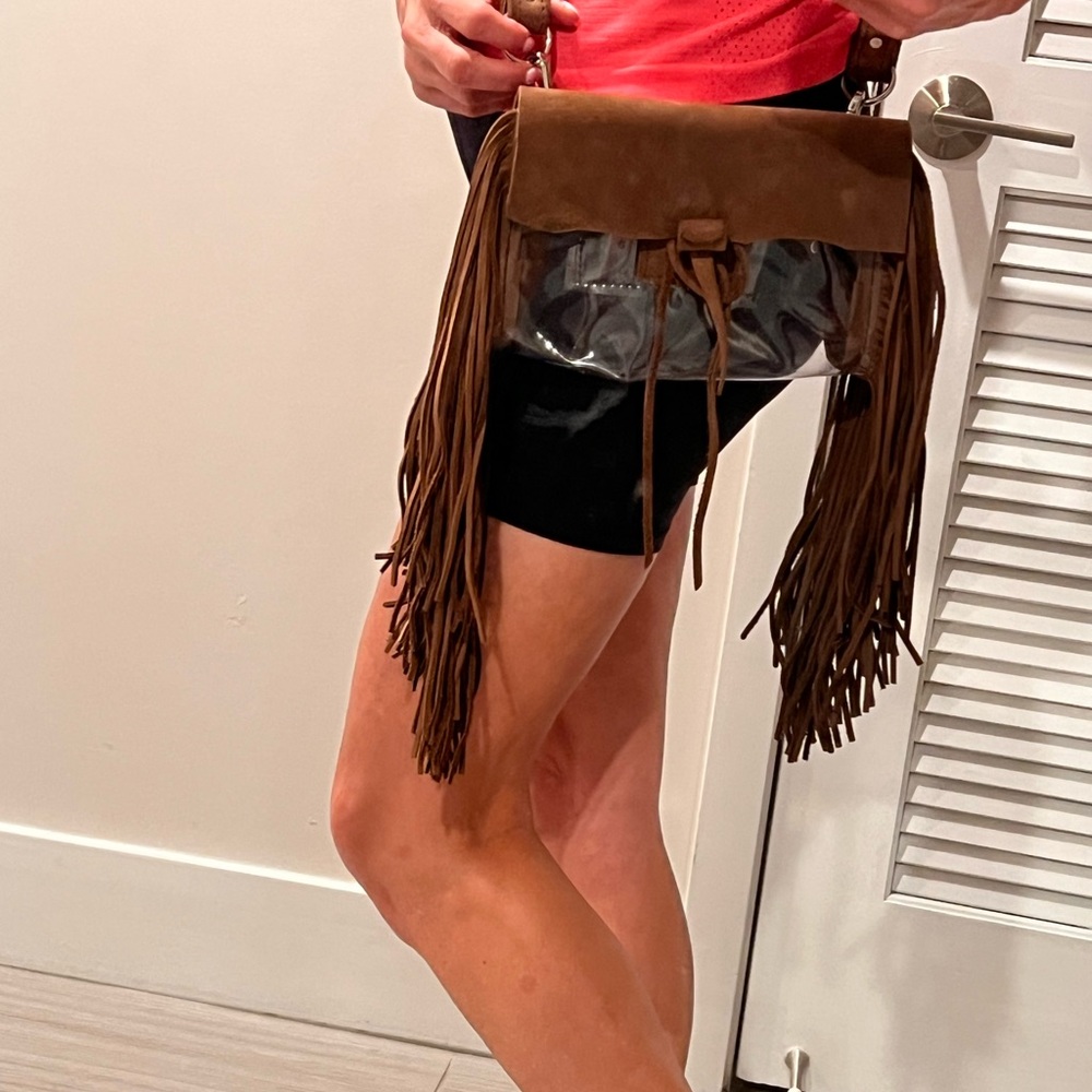 One-Of-A-Kind Chic Brown Fringe Clear Crossbody and Belt Bag